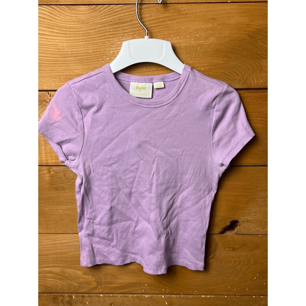 Maeve Anthropologie Ribbed T Shirt Top Lavender Purple Casual Tee Large L croppe